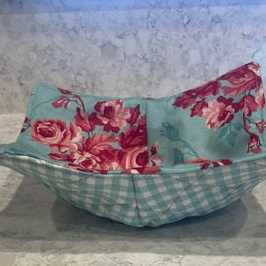 Bowl Cozie-antique pink roses and aqua gingham